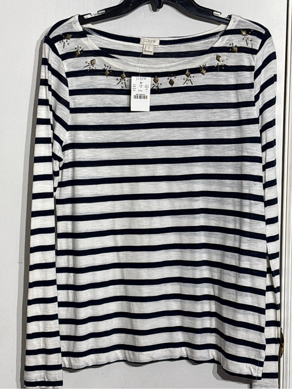 J. Crew Navy & White Striped Long-Sleeve Top with Neckline Embellishment